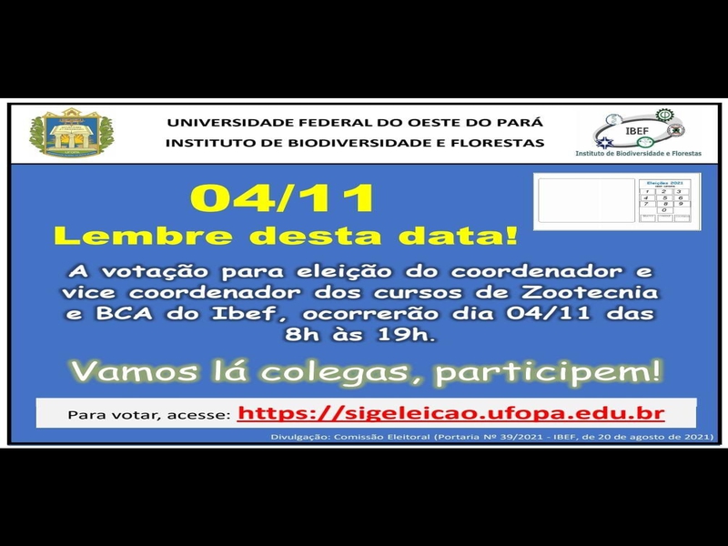 No dia 04 de novembro de 2021 ocorrerá as eleições para escolha dos novos coordenadores dos cursos de zootecnia e BCA. Participem!!!