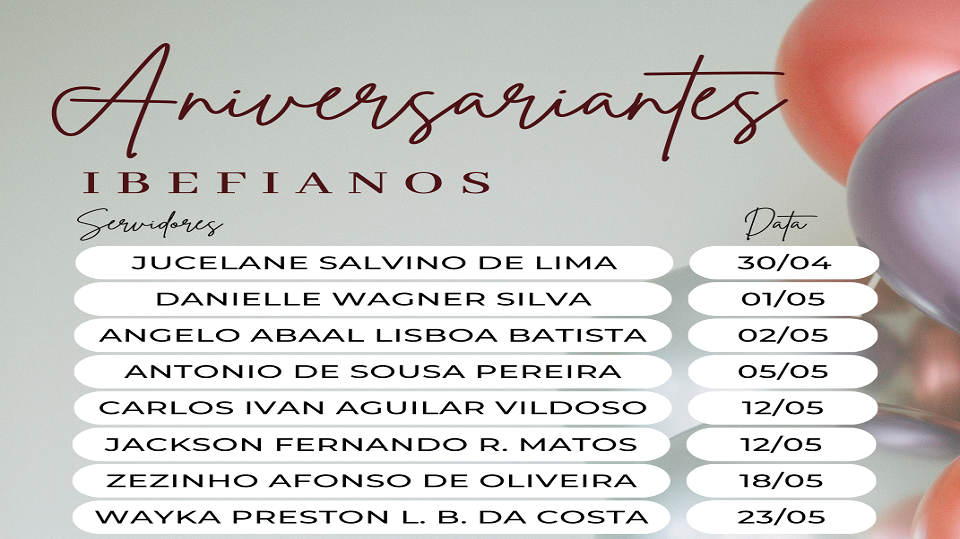 O Instituto de Biodiversidade e Florestas tem a satisfação de parabenizar os aniversariantes do mês de maio.